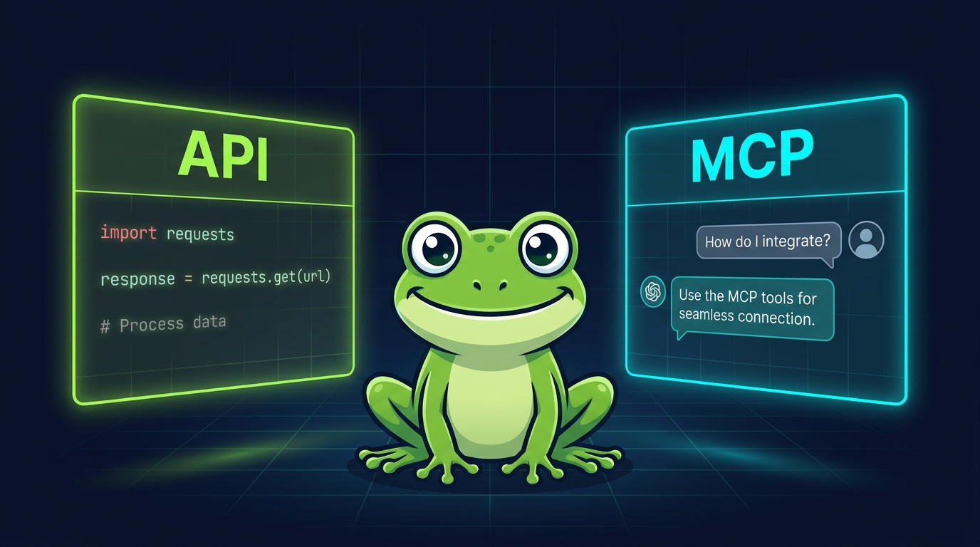 Rana de Screaming Frog entre dos paneles luminosos: API (con código Python a la izquierda) y MCP (interfaz tipo chat a la derecha), fondo navy con grilla