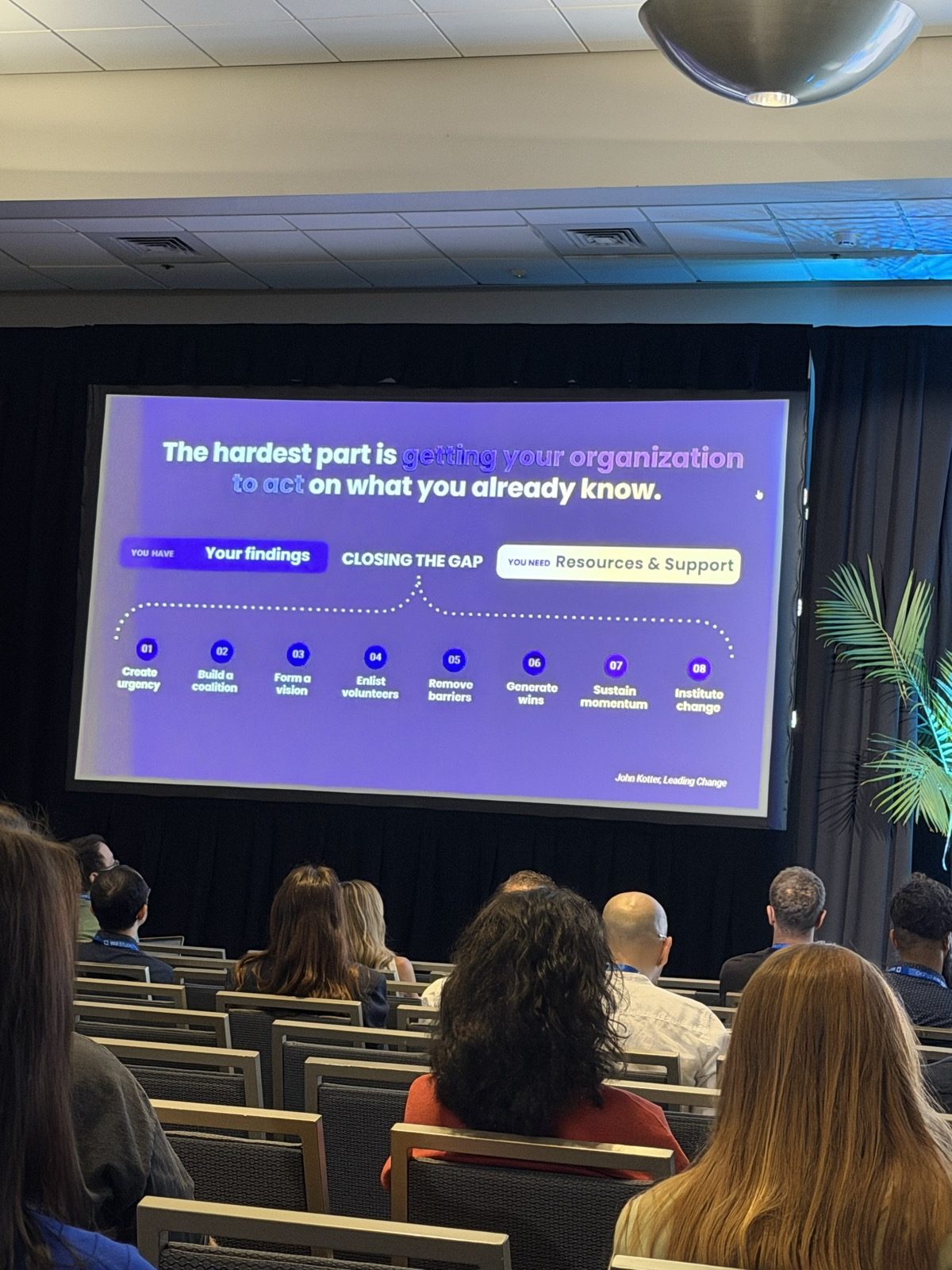Slide 'The hardest part is getting your organization to act on what you already know' con la barra You have: Your findings, Closing the gap, You need: Resources and Support, y los ocho pasos de John Kotter, Leading Change