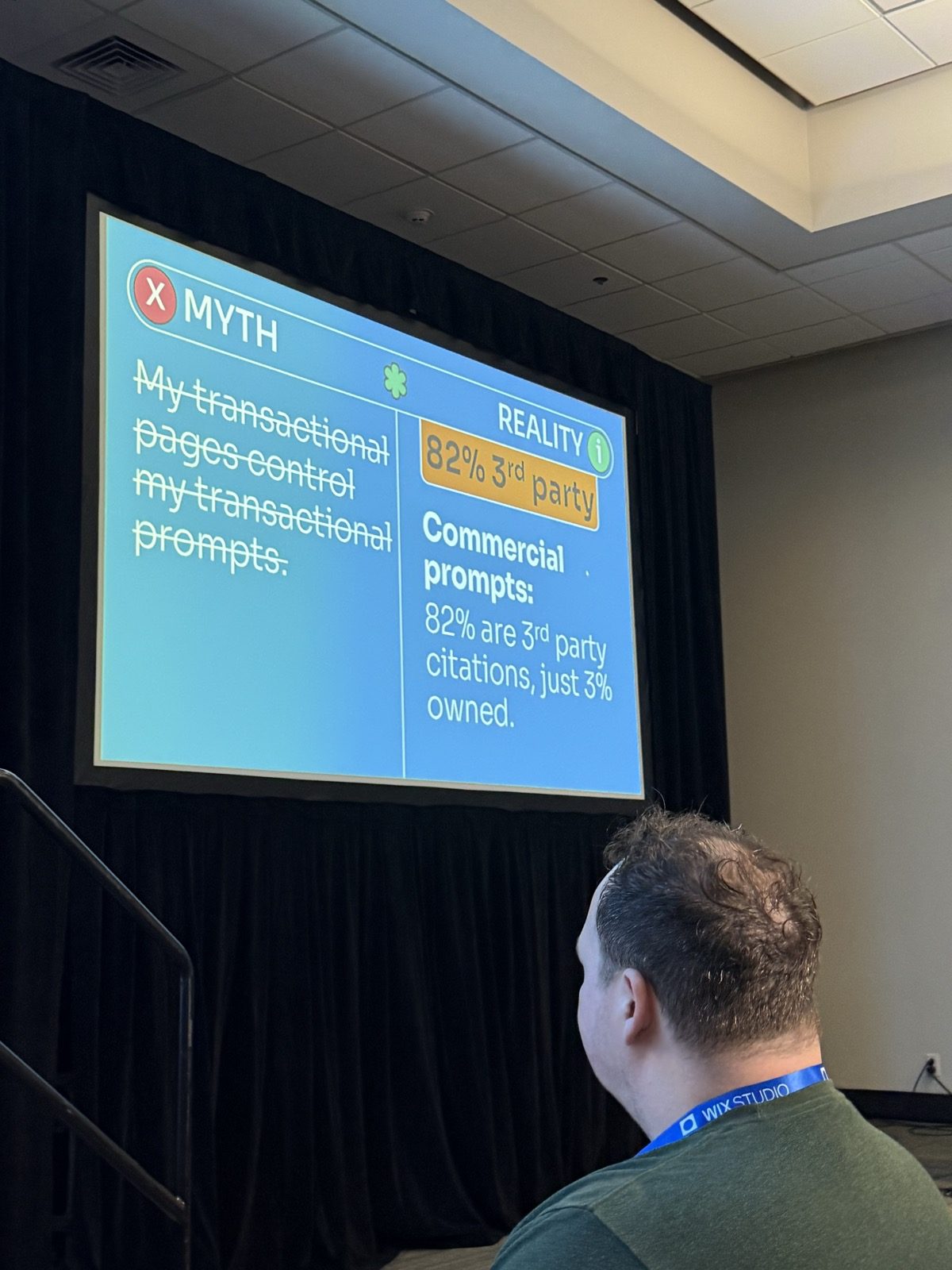 Slide con el mito tachado 'My transactional pages control my transactional prompts' y la realidad: 82% 3rd party. Commercial prompts: 82% are 3rd party citations, just 3% owned.