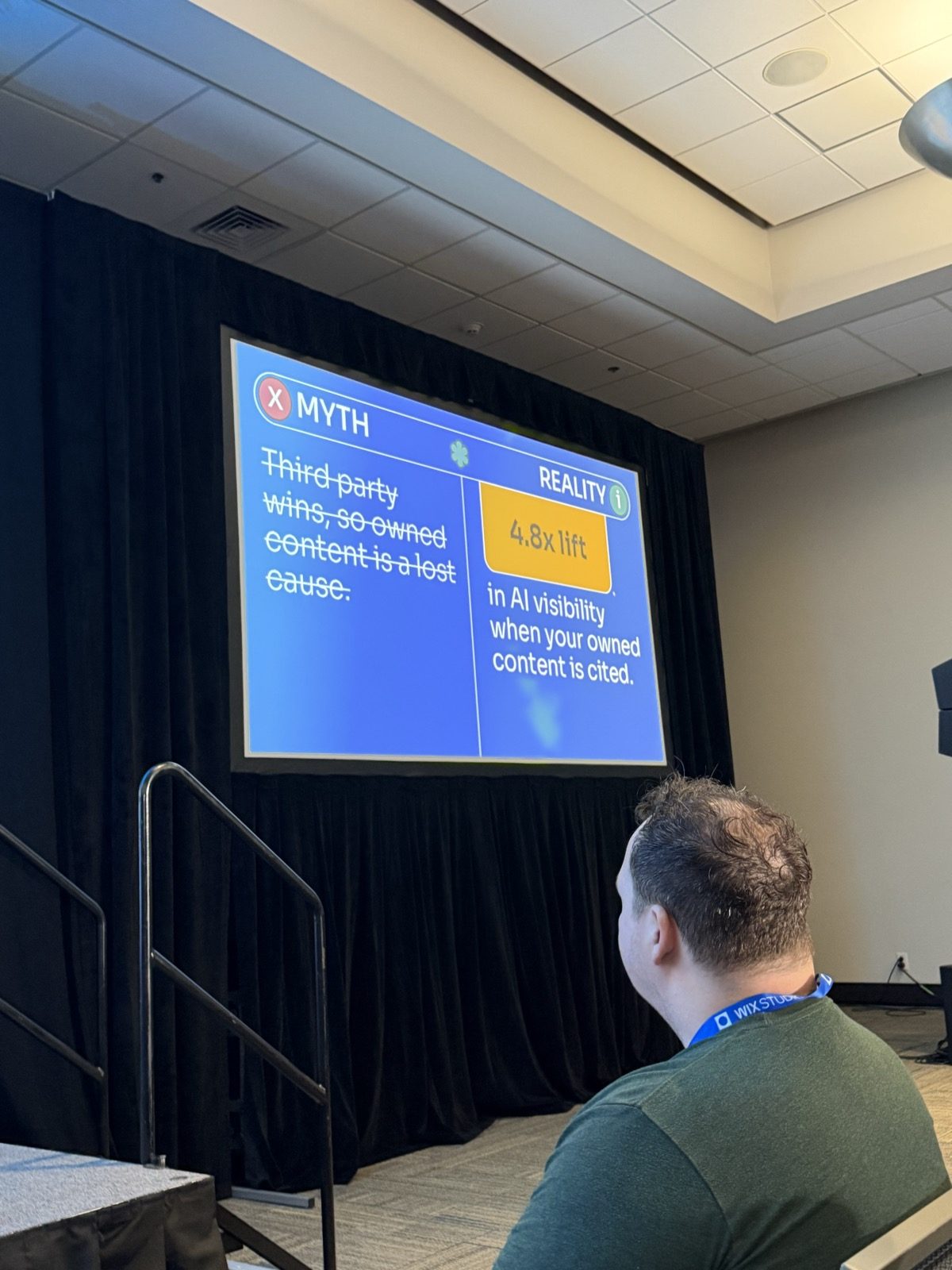 Slide con el mito tachado 'Third party wins, so owned content is a lost cause' y la realidad: 4.8x lift in AI visibility when your owned content is cited.