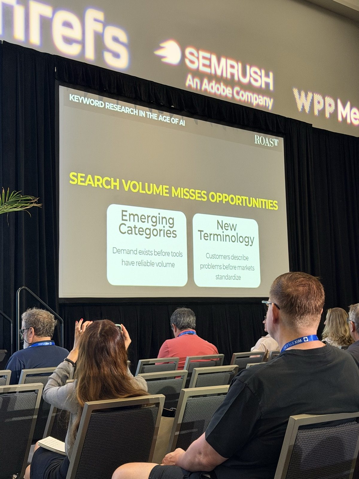 Slide 'Search volume misses opportunities' con dos cajas: Emerging Categories (Demand exists before tools have reliable volume) y New Terminology (Customers describe problems before markets standardize)