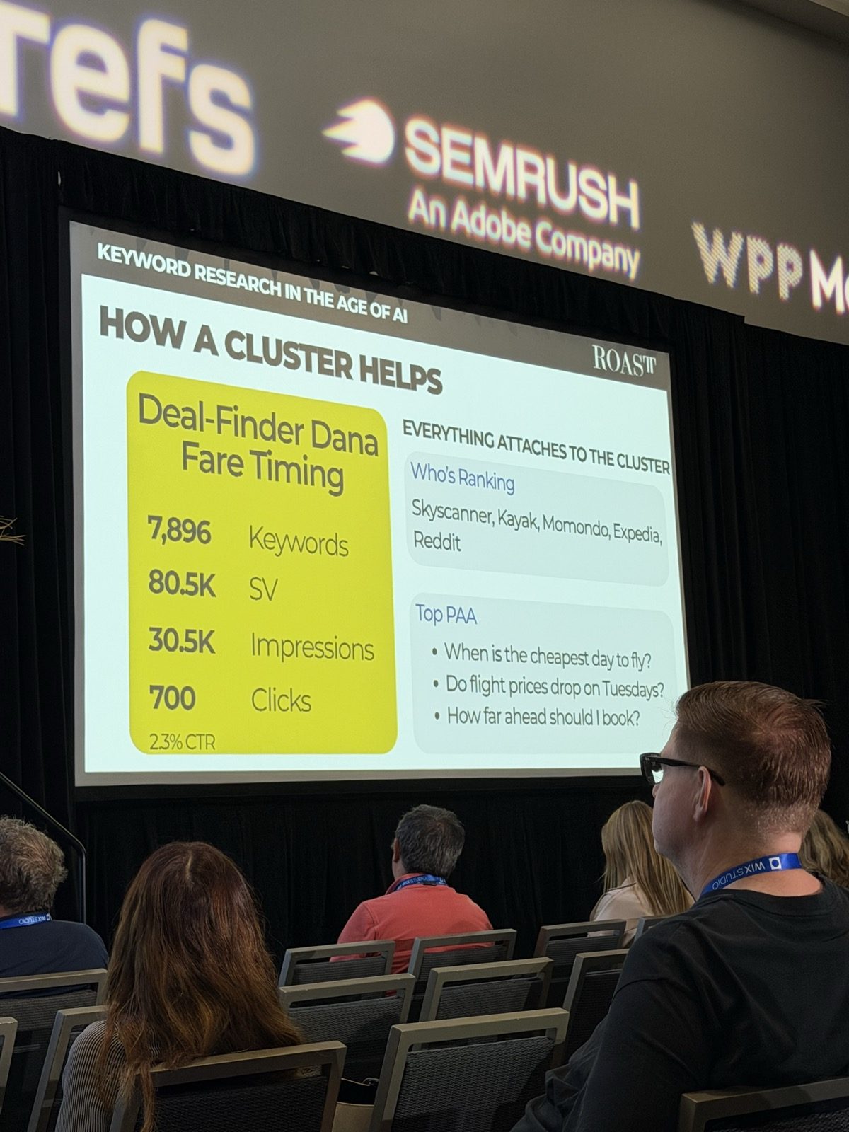 Slide 'How a cluster helps': bloque Deal-Finder Dana / Fare Timing con 7,896 Keywords, 80.5K SV, 30.5K Impressions, 700 Clicks, 2.3% CTR; a la derecha Who's Ranking (Skyscanner, Kayak, Momondo, Expedia, Reddit) y Top PAA