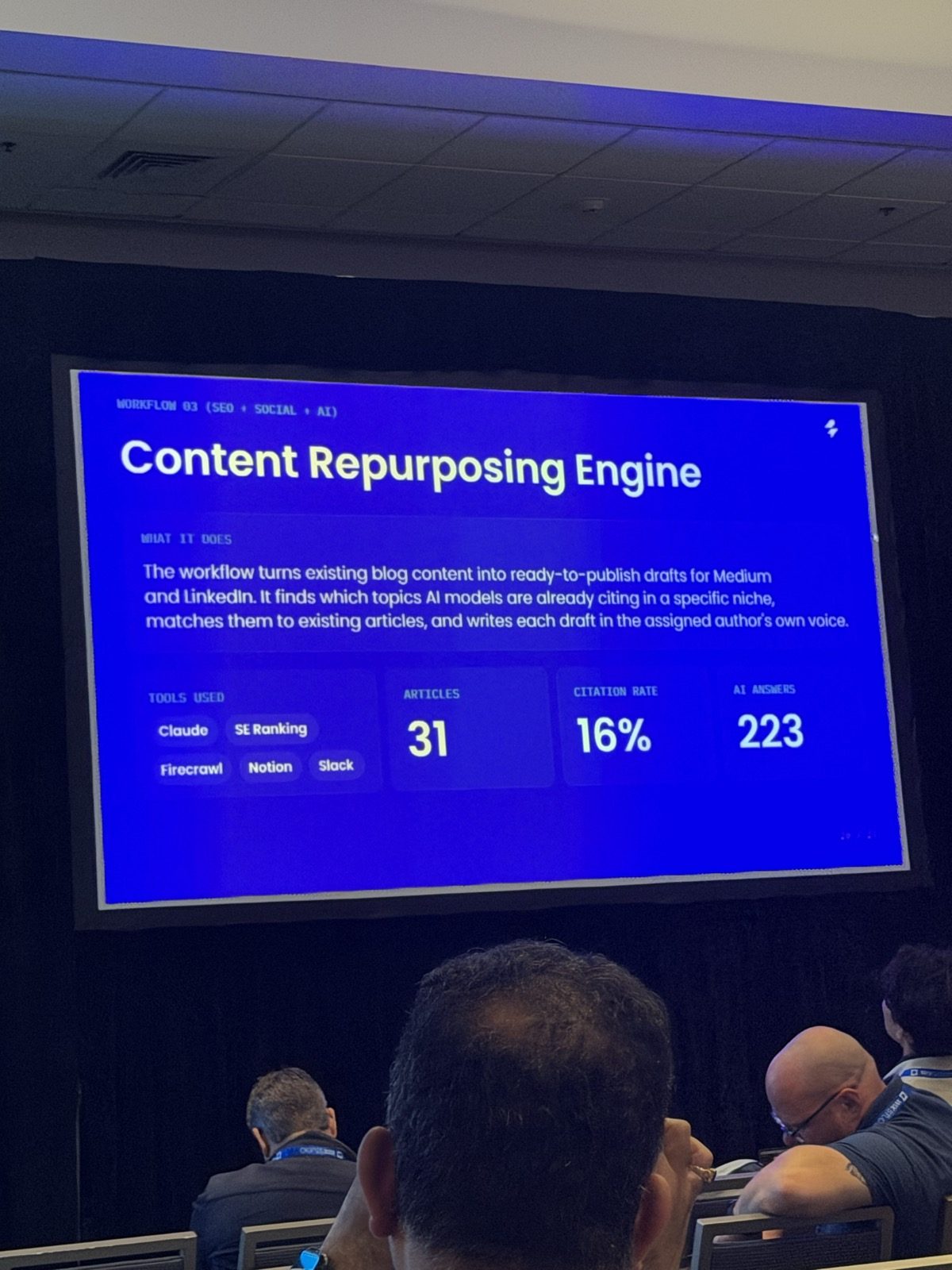 Slide 'Workflow 03 (SEO + Social + AI) — Content Repurposing Engine': convierte contenido del blog en borradores para Medium y LinkedIn en la voz del autor asignado. Herramientas: Claude, SE Ranking, Firecrawl, Notion, Slack. Articles 31, citation rate 16%, AI answers 223.