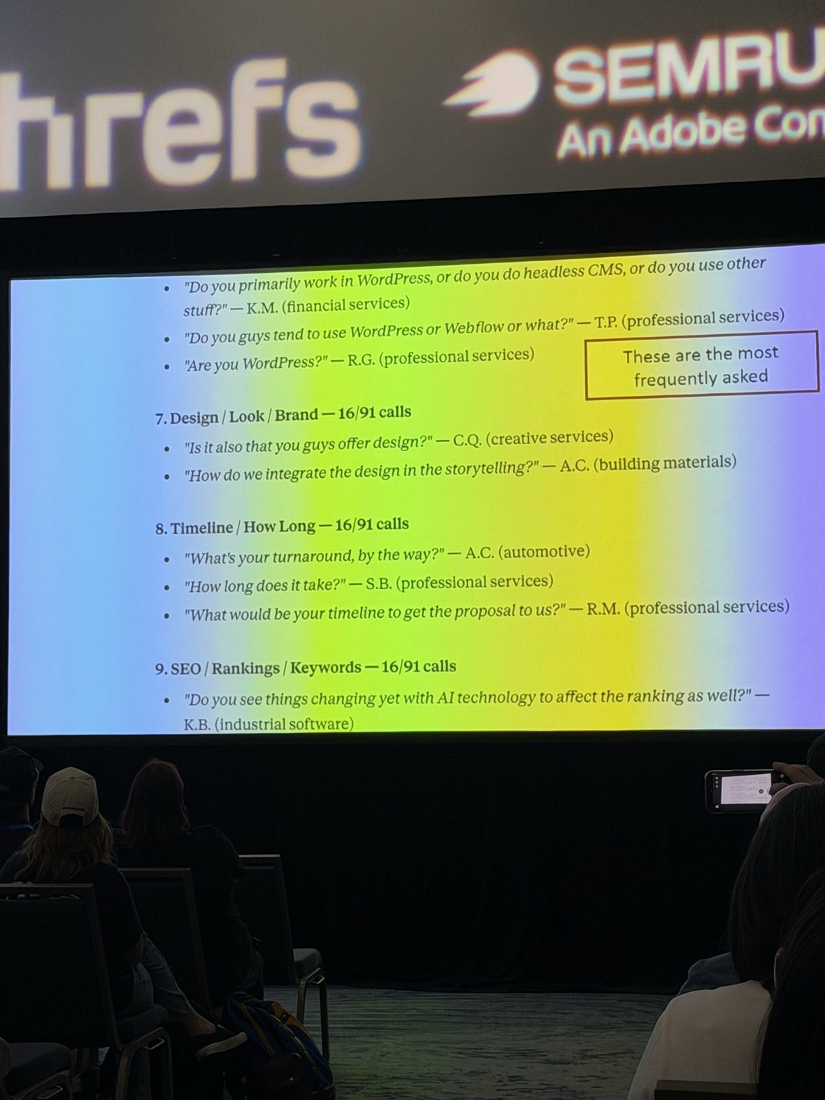 Slide con temas de preguntas de prospects: un bloque sobre WordPress o headless CMS, luego 7. Design / Look / Brand — 16/91 calls, 8. Timeline / How Long — 16/91 calls, 9. SEO / Rankings / Keywords — 16/91 calls, cada uno con citas textuales y el rubro de quien preguntó