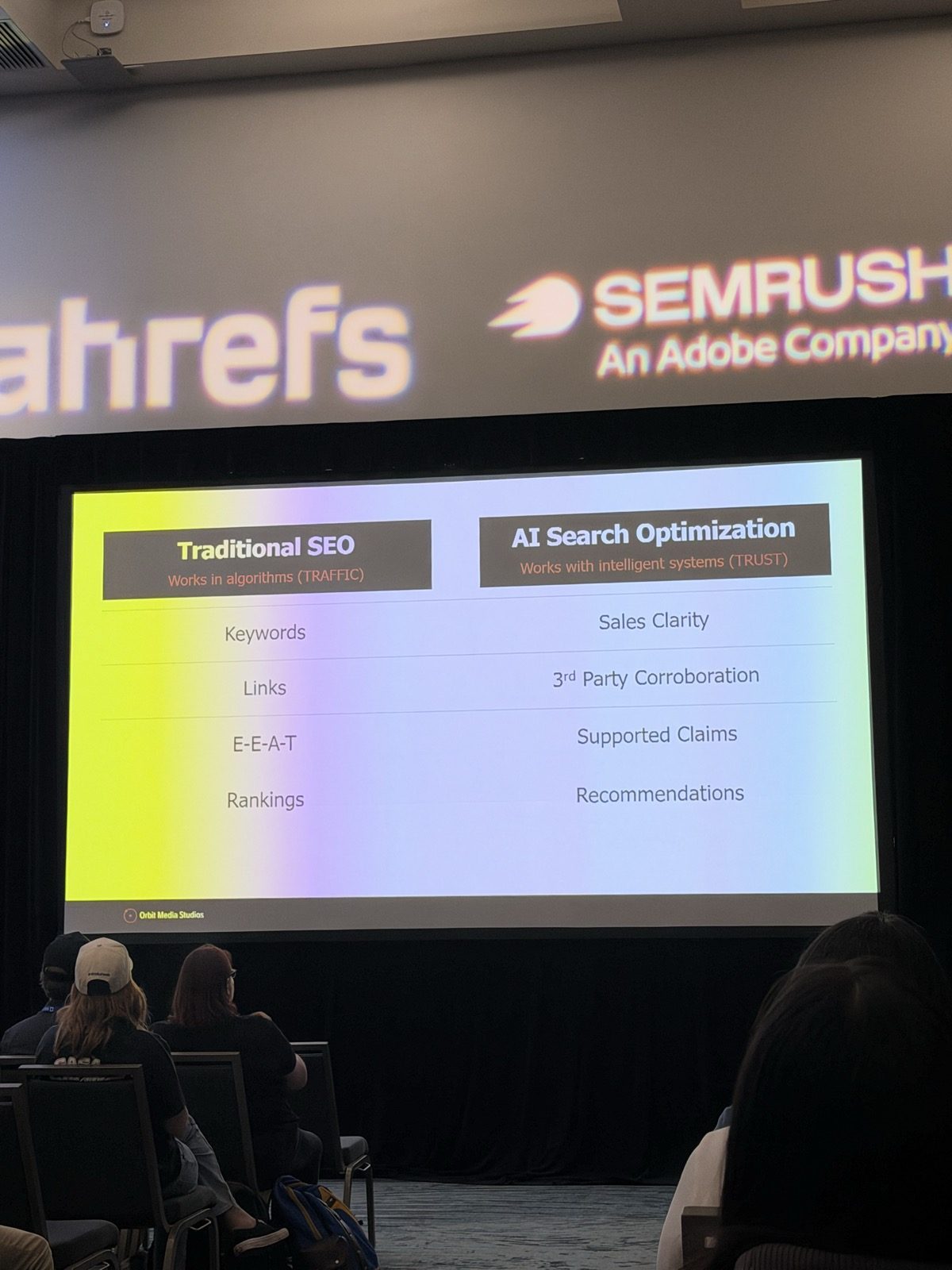 Tabla 'Traditional SEO, works in algorithms (TRAFFIC)' contra 'AI Search Optimization, works with intelligent systems (TRUST)': Keywords frente a Sales Clarity, Links frente a 3rd Party Corroboration, E-E-A-T frente a Supported Claims, Rankings frente a Recommendations